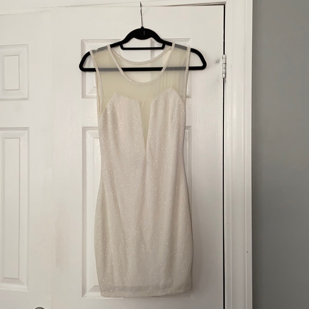 White sparkle mesh deep-v cut mini dress